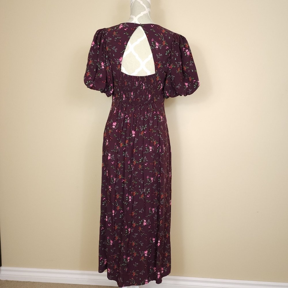 ​NWT Old Navy Floral Maxi Dress Puff Sleeve Cutout Split M Petite Burgundy - Picture 2 of 12